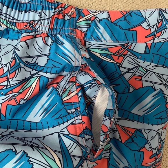 Vineyard Vines Fish Print Swim Shorts Blue Red Size 32 Elastic Waist Drawstring - Picture 5 of 8